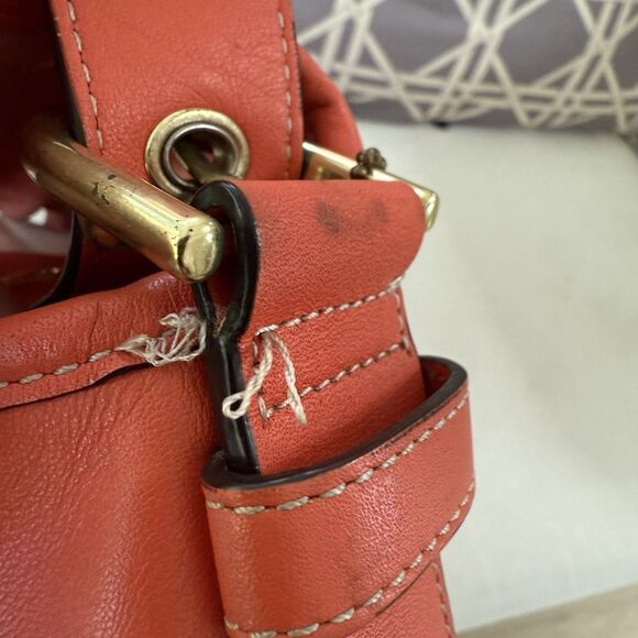 Auth Coach Leather Z23987 Medium Flap Shoulder Crossbody Duffle Bag Orange Coral - Picture 15 of 16